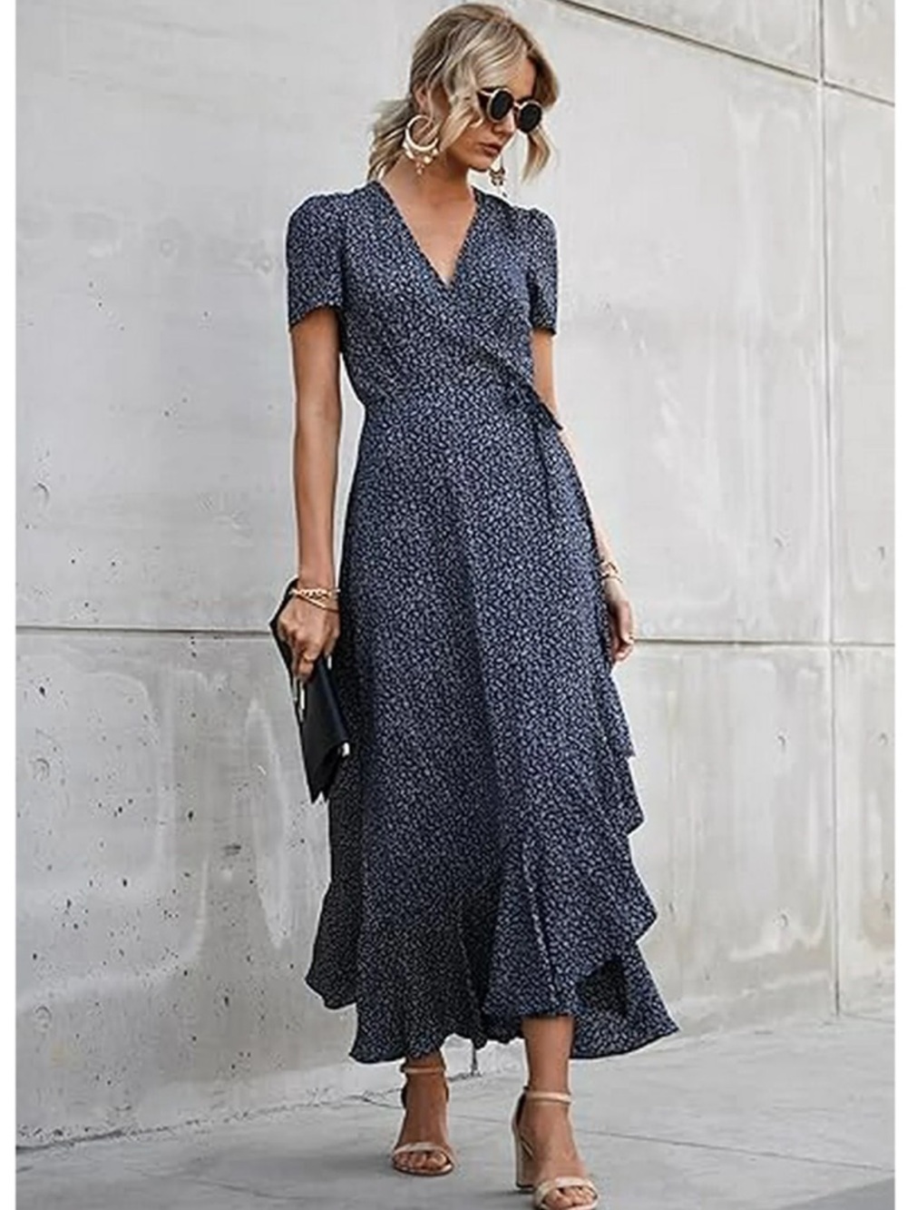 PrettyGarden Women’s Summer Wrap Maxi Dress V Neck Ruffle Hem Size M